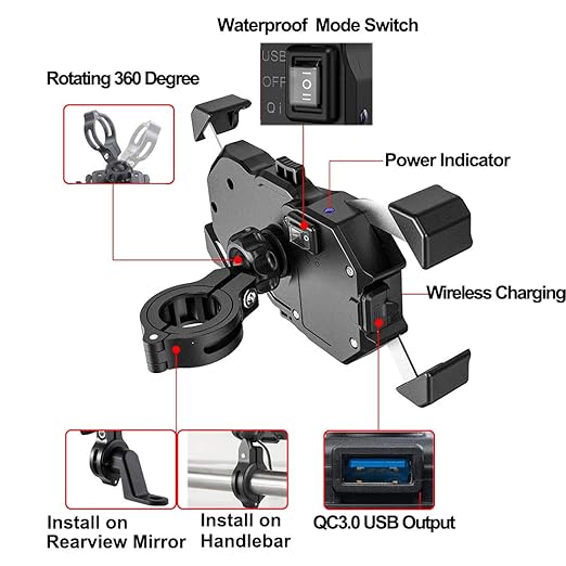 Waterproof Motorcycle Wireless 15W Qi/USB Quick Charger 3.0 Phone Holder