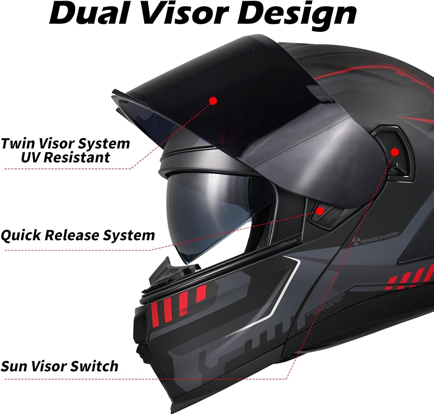 Motorcycle Dual Visor Flip-Up Modular Full Face Helmet JR-815, DOT Approved for Adults (L, Matte Red Evolve) - Image 2