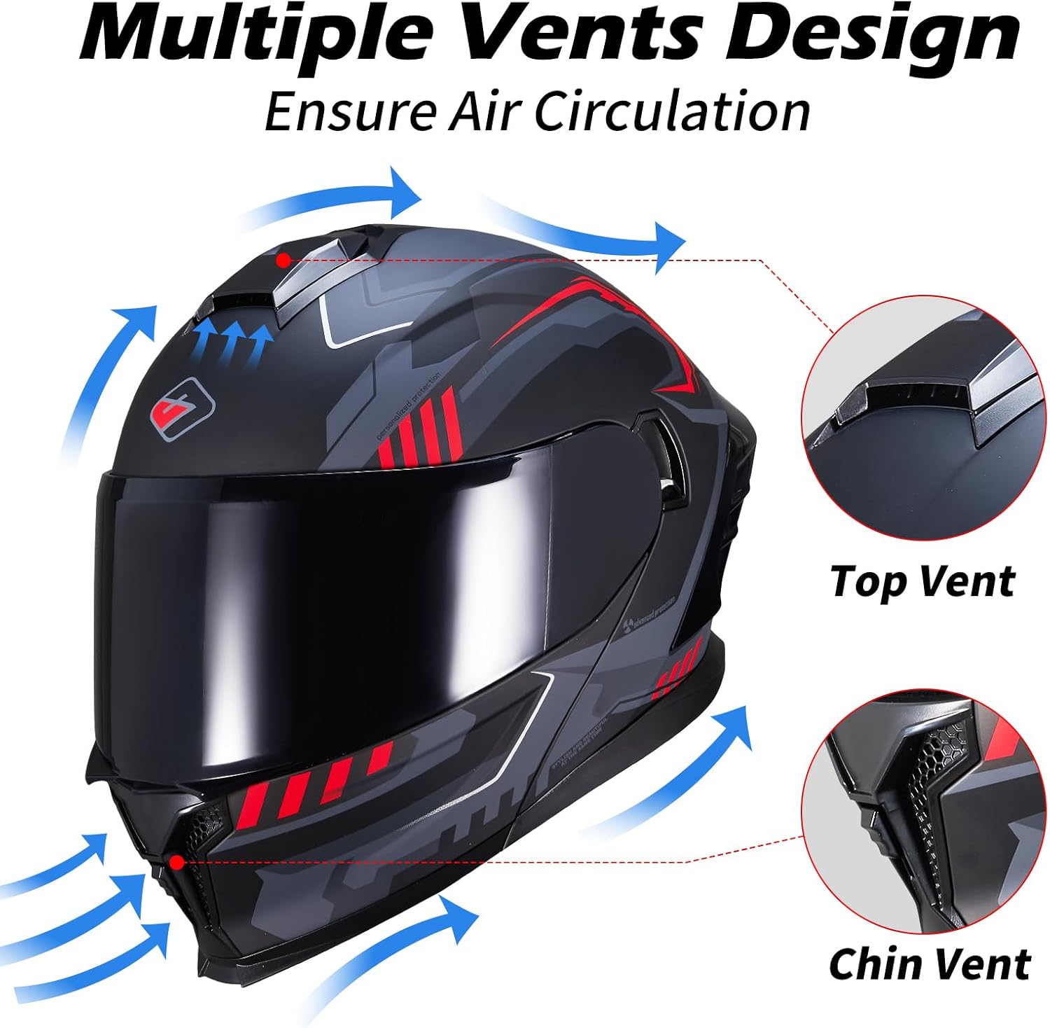 Motorcycle Dual Visor Flip-Up Modular Full Face Helmet JR-815, DOT Approved for Adults (L, Matte Red Evolve) - Image 3