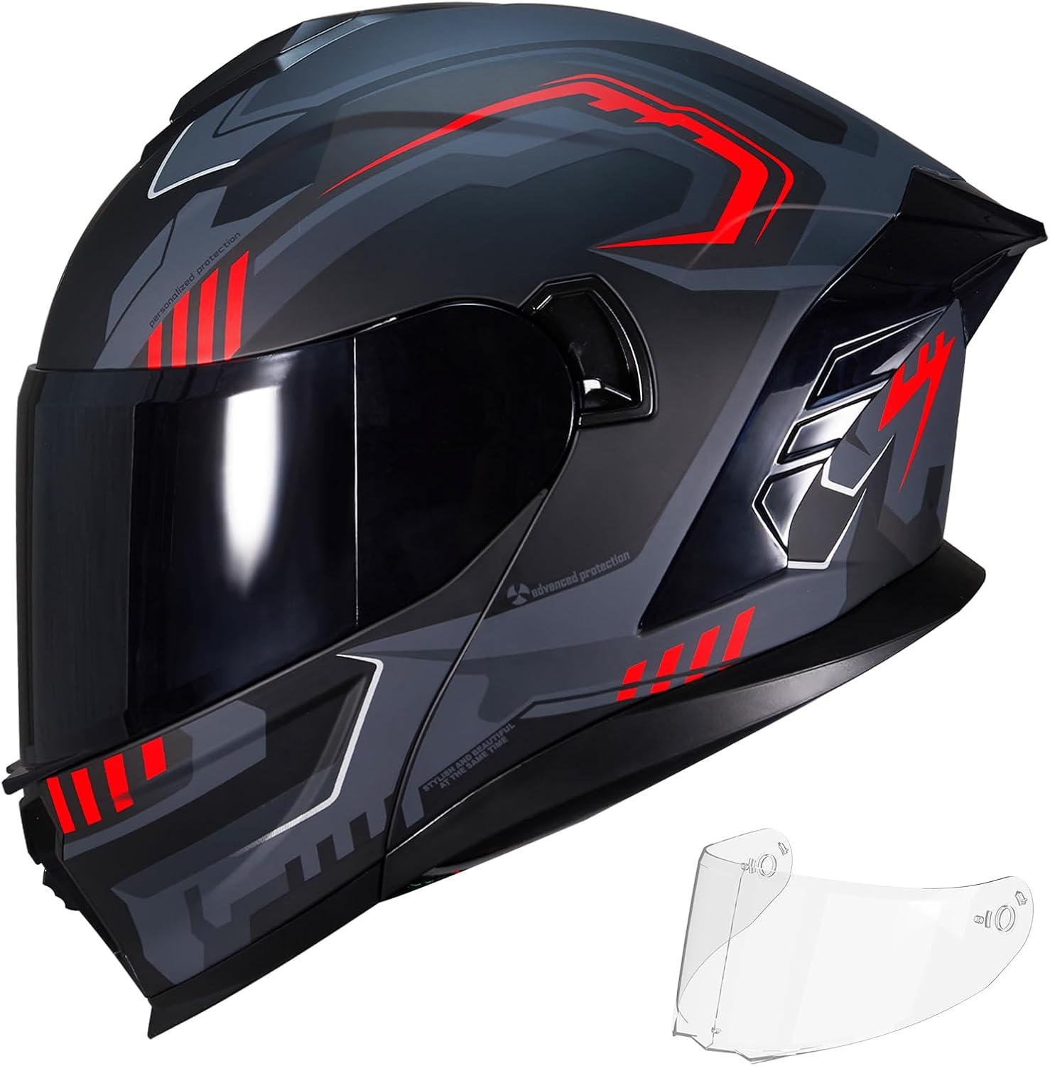 Motorcycle Dual Visor Flip-Up Modular Full Face Helmet JR-815, DOT Approved for Adults (L, Matte Red Evolve) - Image 5