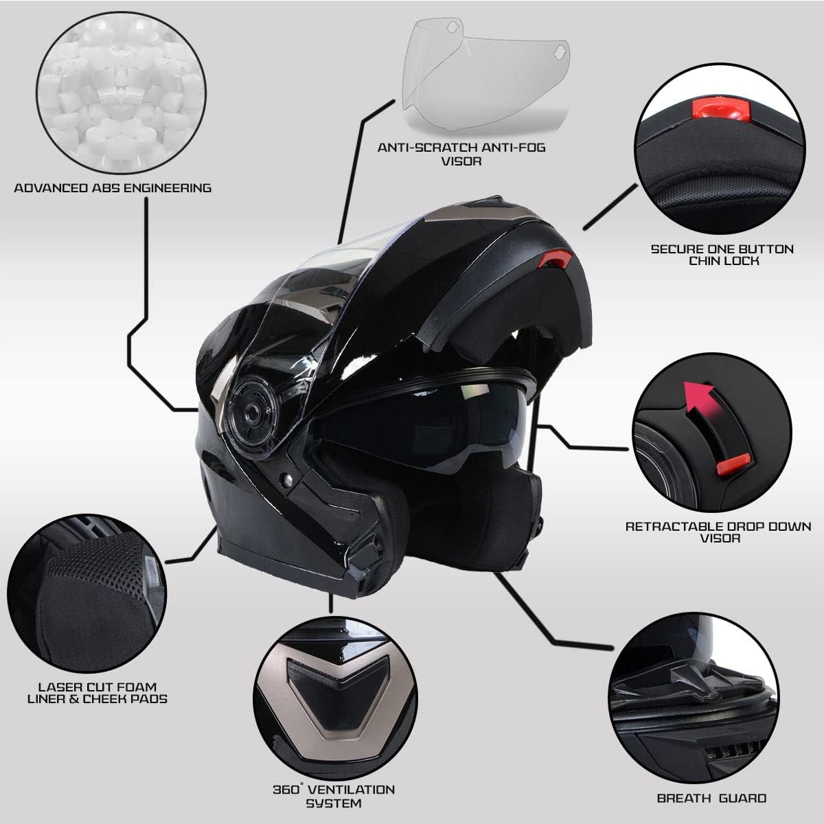 DOT Certified Advanced Motorcycle Modular Helmet with Drop-Down Visor, Ionized Gloss Black - Image 3