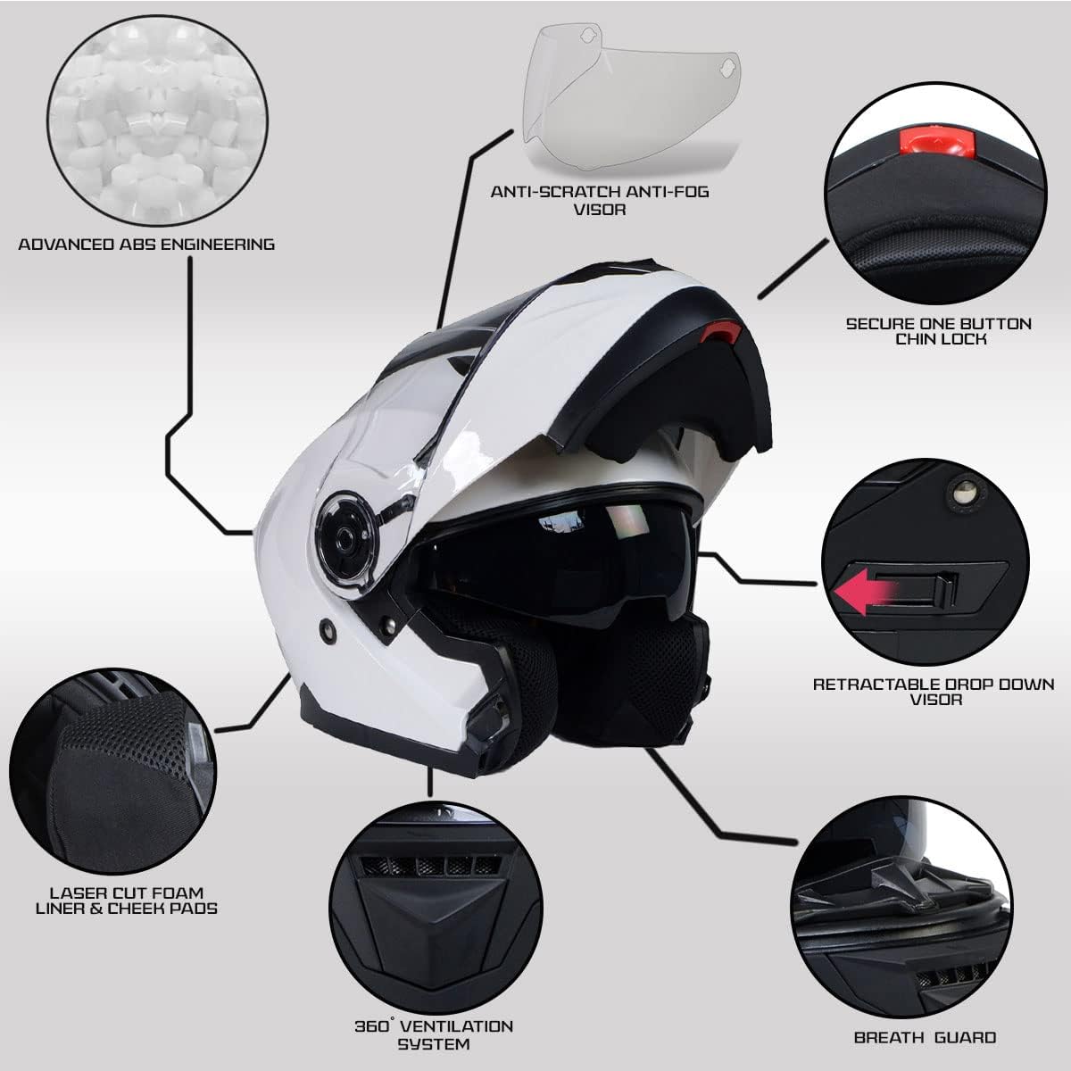 Motorcycle Modular Helmet with Drop-Down Visor, Breeze White
