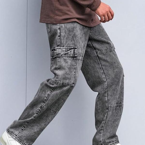 Jeans for Men | Denim Cargo Pants with Baggy Fit Utility Pockets & Streetwear Stitch Design - Image 3