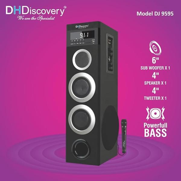 DJ 9595-BK Bluetooth Tower Speakers 150watt RMS with Free Wired Mic/Bluetooth v5.0/1 USB Slot/2 AUX/Built in FM Radio/LED Display with Remote Control (Black) - Image 3