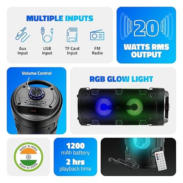 Wireless Bluetooth Portable Party Speaker with RGB Glow Lights, Wired Mic, Remote Control, FM Radio & Aux in/USB/TF Card Reader Input (20W RMS Output) - Image 3