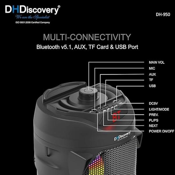 Party Speaker with MIC | 150W Bluetooth Wireless Speaker with Dual 4x2'' Woofers, FM, USB, TF Card, AUX & Wired MIC (Black) - Image 4