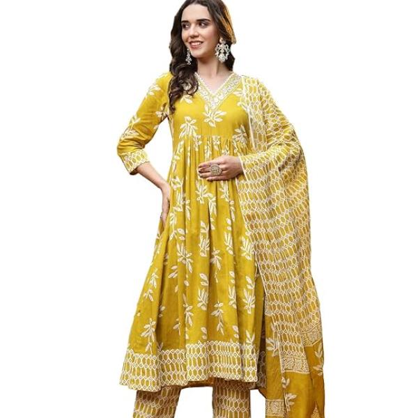 Women's Floral Printed Cotton Anarkali Kurta Pant Dupatta Set