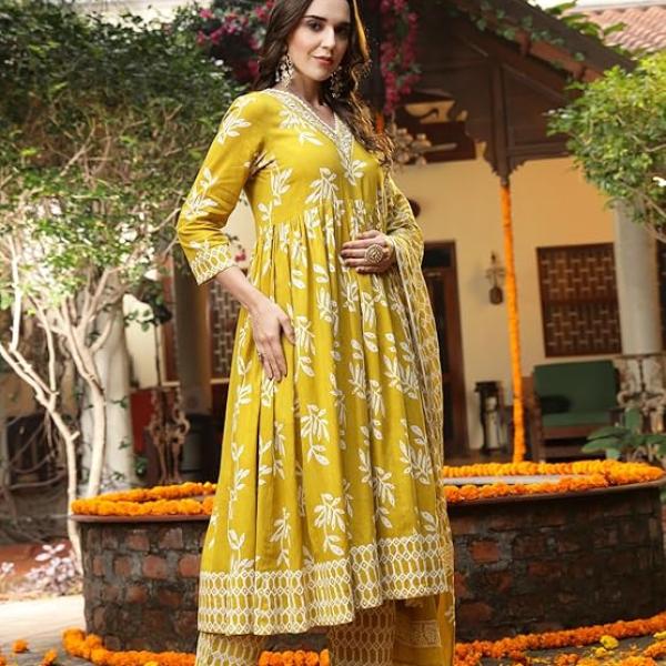 Women's Floral Printed Cotton Anarkali Kurta Pant Dupatta Set - Image 3