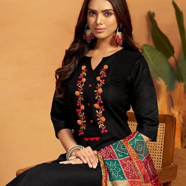 Women's Embroidered Mirror Work Cotton Straight Salwar Kurta Dupatta Set | Wedding Outfit | Ethnic Set | Outfit - Image 2