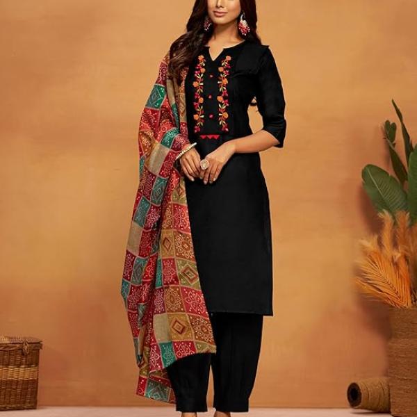 Women's Embroidered Mirror Work Cotton Straight Salwar Kurta Dupatta Set | Wedding Outfit | Ethnic Set | Outfit - Image 3
