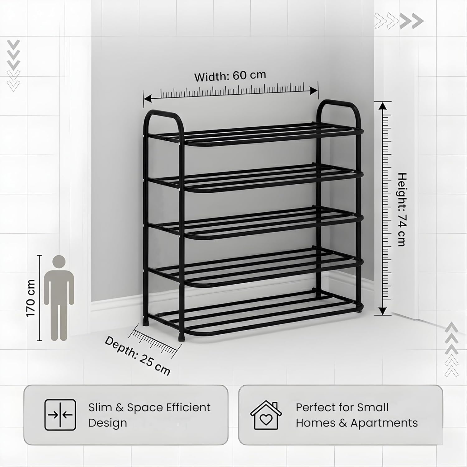 Heavy Metal Shoe Rack (5 Shelves) Foldable Open Book Shelf, Book Shelve, Shoe Rack, Shoes Storage Rack for Home Shoe Stand Shelf Big (74 * 60 * 25 cm) (Black) (5 - Tier) - Image 2