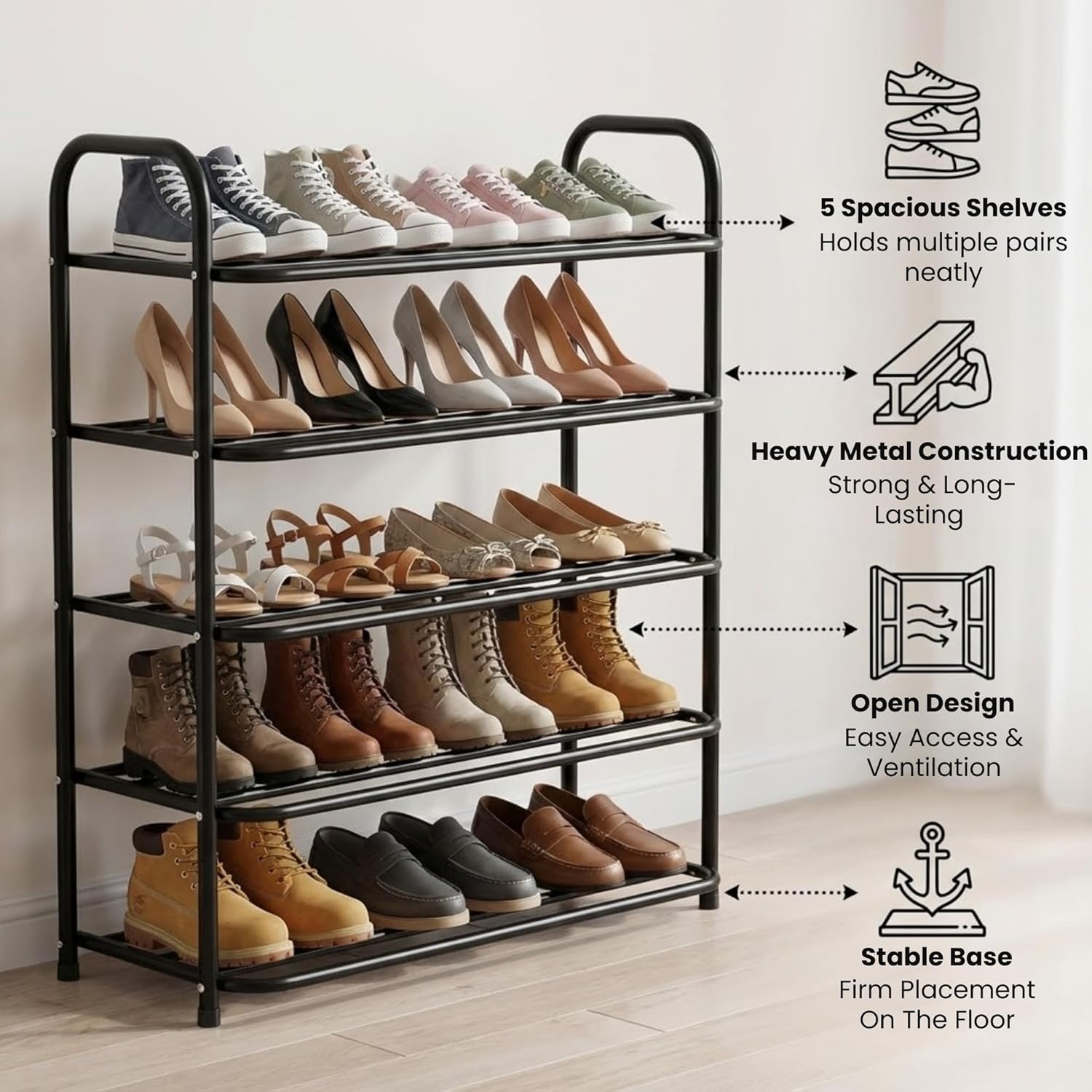 Heavy Metal Shoe Rack (5 Shelves) Foldable Open Book Shelf, Book Shelve, Shoe Rack, Shoes Storage Rack for Home Shoe Stand Shelf Big (74 * 60 * 25 cm) (Black) (5 - Tier) - Image 3