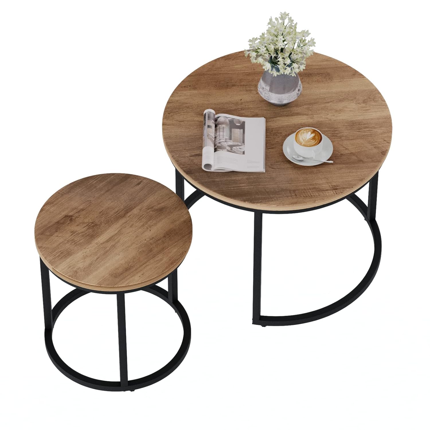 Nesting Coffee Table Set of 2 for Living Room - Round Wooden Top & Matte Black Metal Base - Space Saving & Stylish