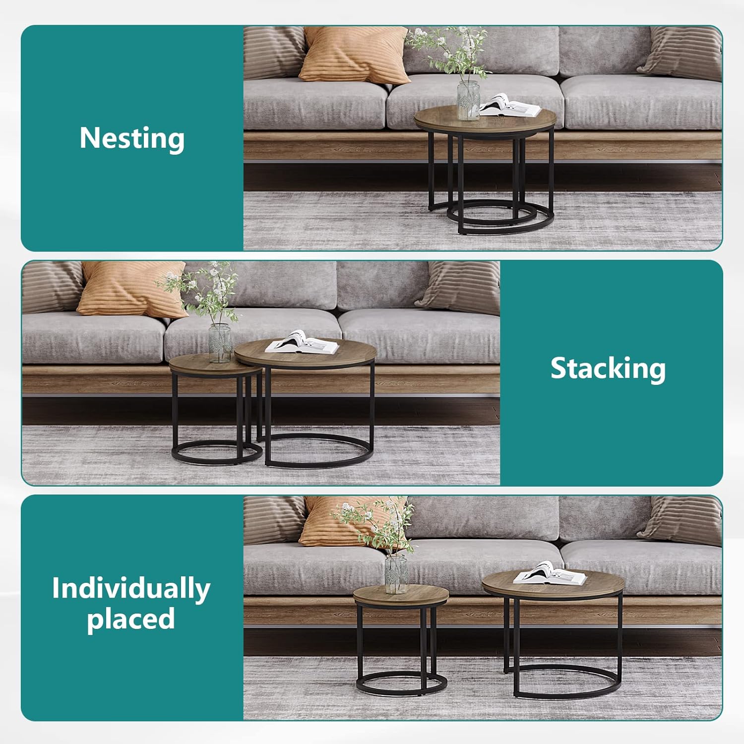Nesting Coffee Table Set of 2 for Living Room - Round Wooden Top & Matte Black Metal Base - Space Saving & Stylish - Image 2