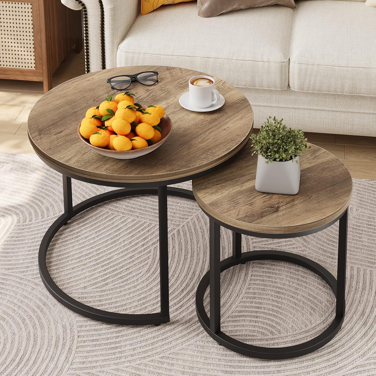 Nesting Coffee Table Set of 2 for Living Room - Round Wooden Top & Matte Black Metal Base - Space Saving & Stylish - Image 6