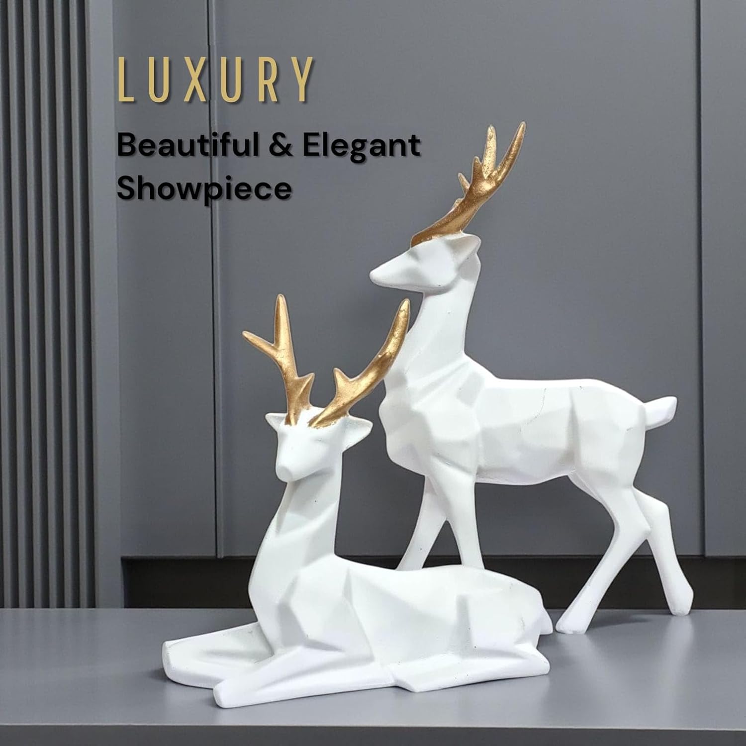 Pair of Luxury Deer Showpiece for Living Room – Handcrafted Antler Figurines | Vastu Gift, Modern Decorative Sculpture, Table Centerpiece | Home & Office Decor (White & Gold) - Image 2