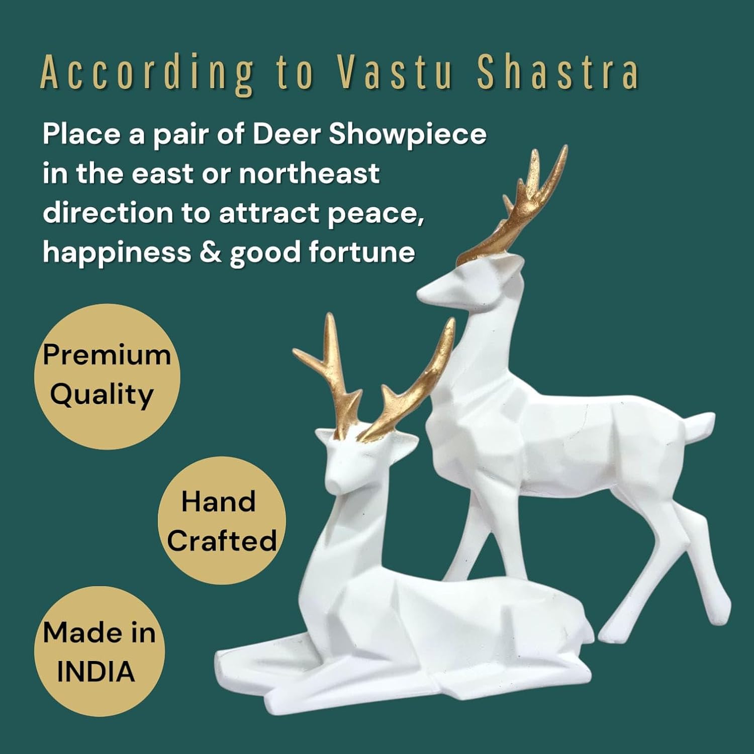 Pair of Luxury Deer Showpiece for Living Room – Handcrafted Antler Figurines | Vastu Gift, Modern Decorative Sculpture, Table Centerpiece | Home & Office Decor (White & Gold) - Image 3