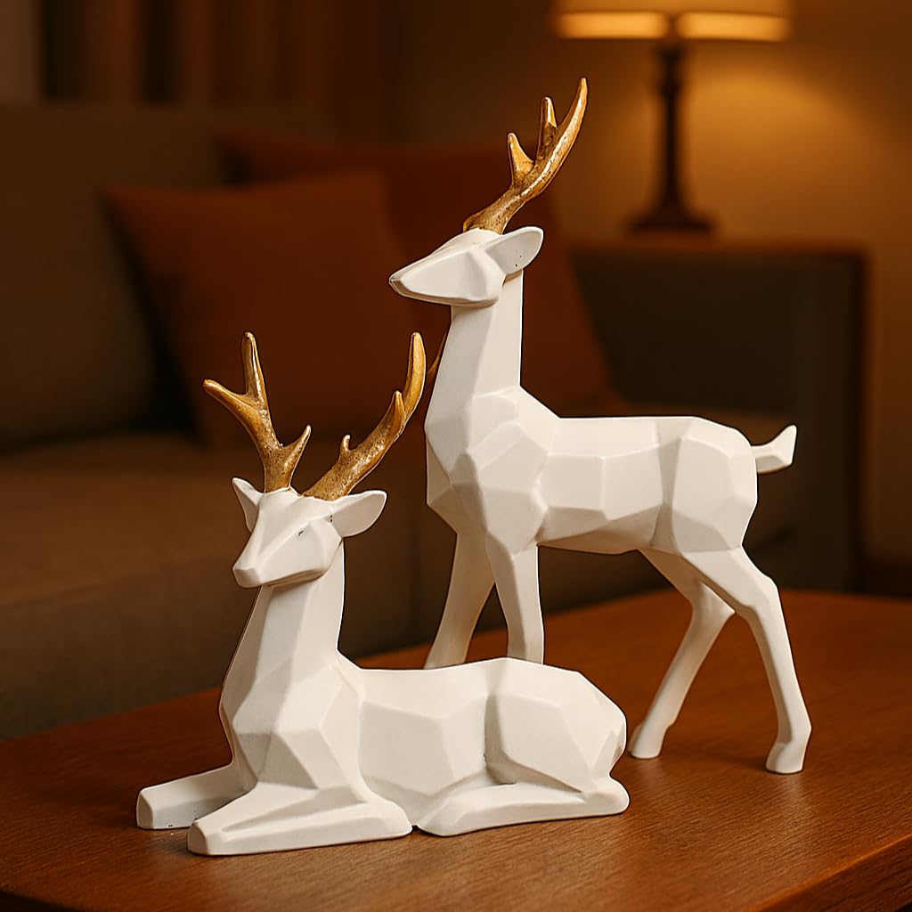 Pair of Luxury Deer Showpiece for Living Room – Handcrafted Antler Figurines | Vastu Gift, Modern Decorative Sculpture, Table Centerpiece | Home & Office Decor (White & Gold) - Image 5